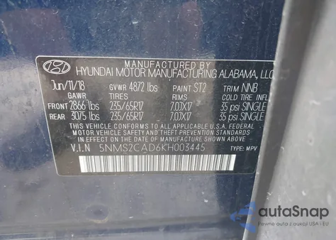 2019 Hyundai Santa Fe Se z USA, uszkodzony, nr VIN 5NMS2CAD6KH003445